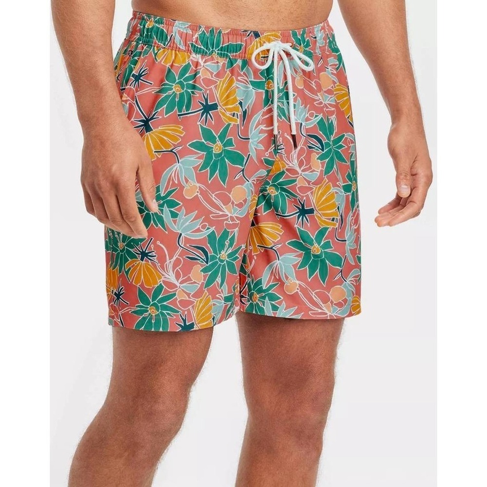 Goodfellow & Co Mens Floral‎ Swim Trunks Coral Green Orange 7" Inseam Size M NEW